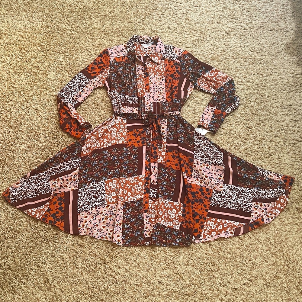 NWT Nanette Lepore Boho Swing Dress Patch Work Mixed Pint Pink Peral Buttons 6